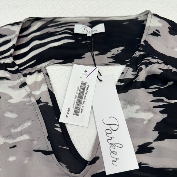 NWT Parker Black Grey 100% Silk V- Neck Pullover Blouse Top Size Large - Picture 6 of 11